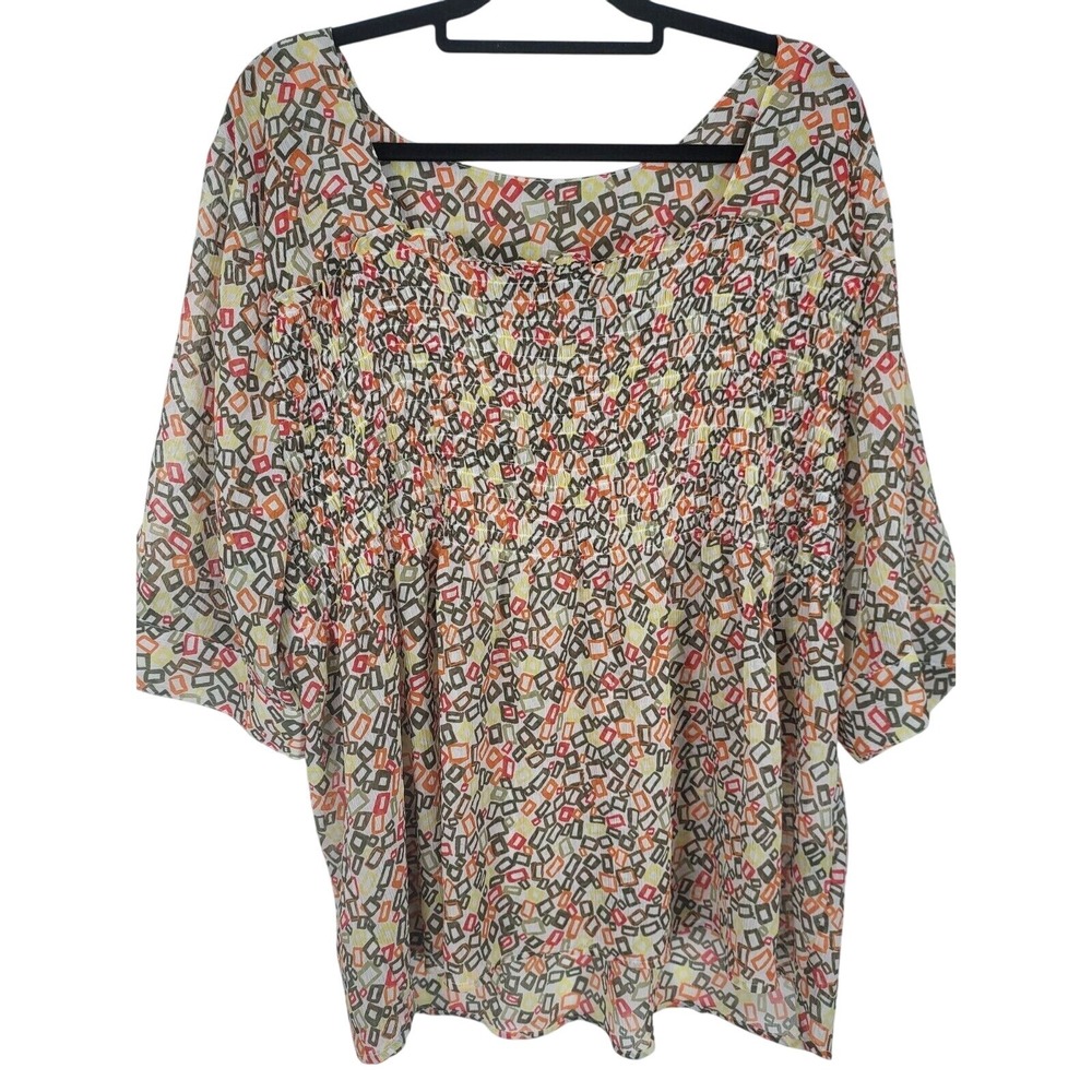Avenue Blouse 26/28 Womens Plus Size Half Sleeve Square Neck Sheer Multicolor